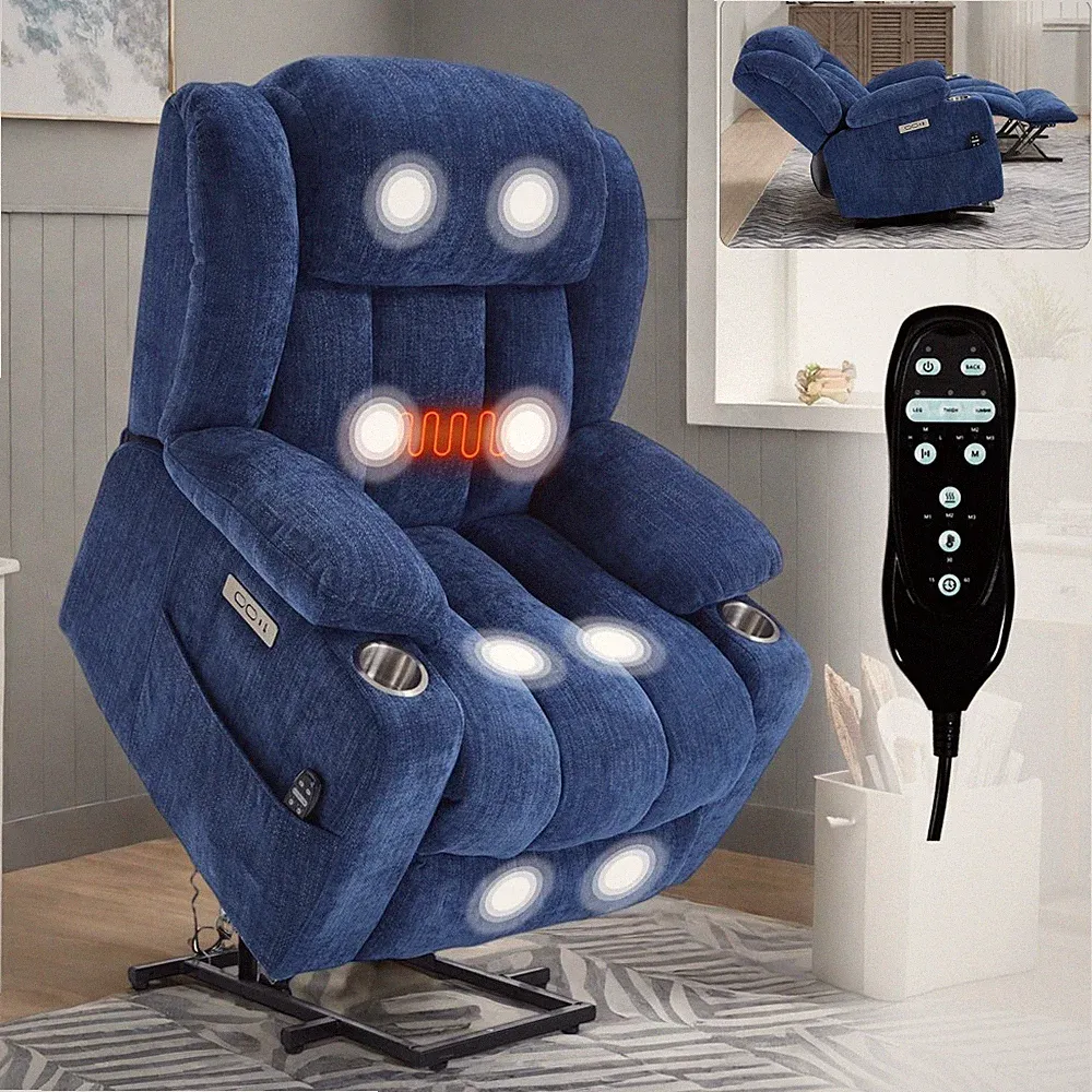 Blue Chenille Power Lift Massage Recliner - 350 LBS, 8-Point Vibration, Heating