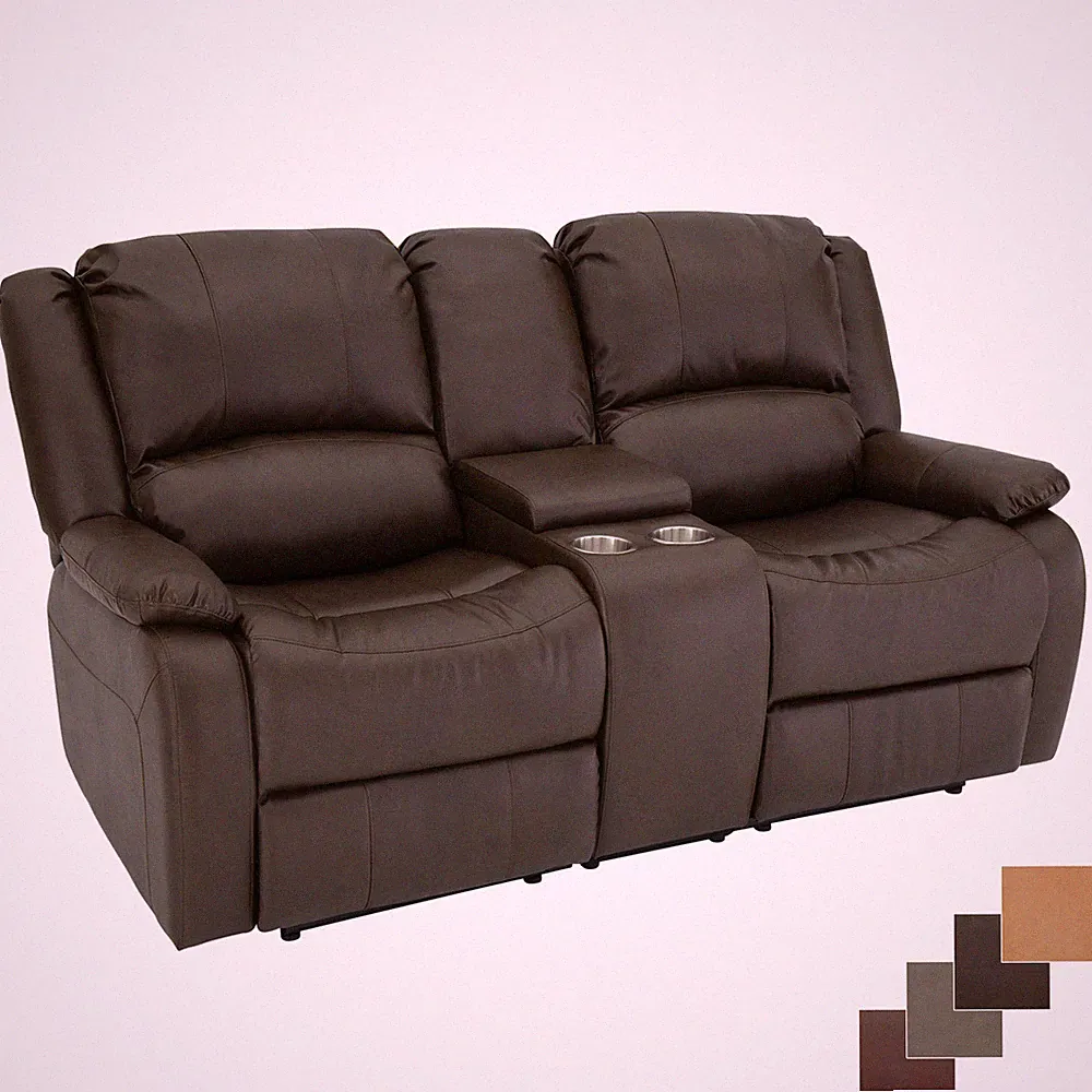 RecPro Charles 70" Chestnut Double RV Wall Hugger Recliner Sofa with Console